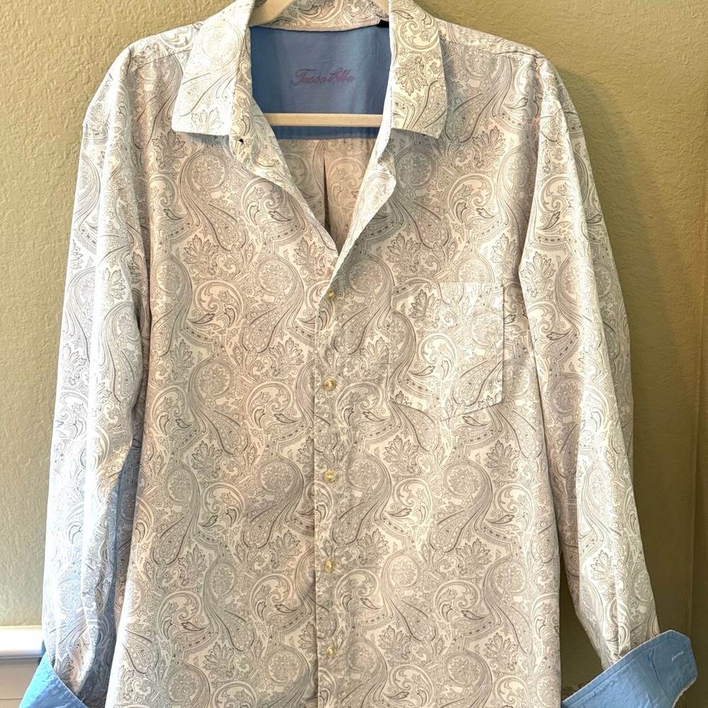 Taso Elba Men’s XL Dress Shirt 17-17 1/2 Gray/White Paisley